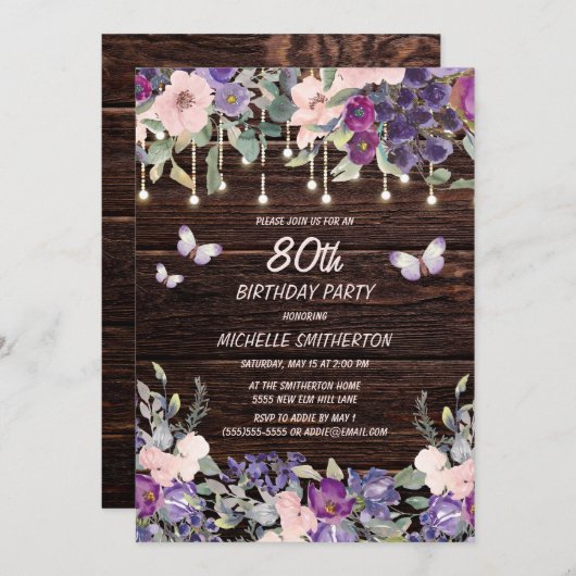 Paarse roze vlindervlinder - 80ste verjaardag kaart (Voorkant / Achterkant)