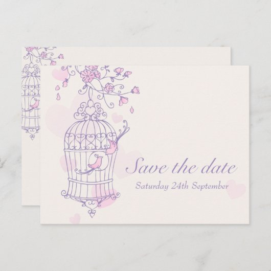 Paarse roze vogelkooi bruiloft save the date kaart (Voorkant / Achterkant)
