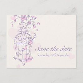Paarse roze vogelkooi bruiloft save the date kaart