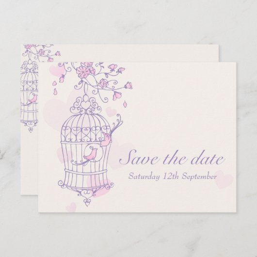 Paarse roze vogelkooi bruiloft save the date kaart (Voorkant / Achterkant)