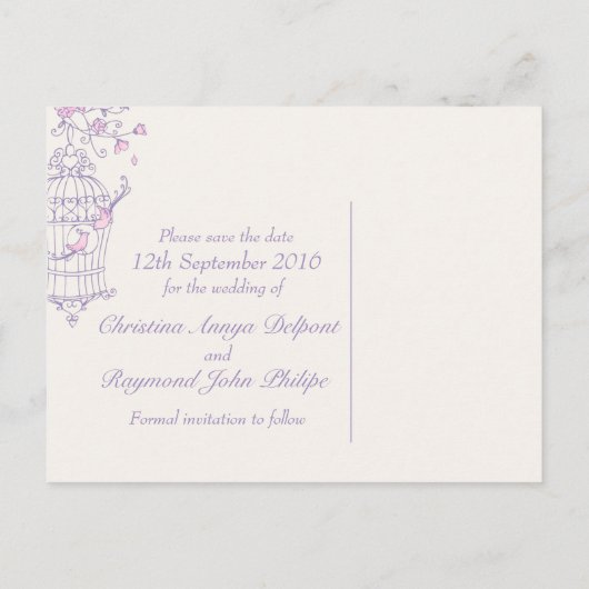 Paarse roze vogelkooi bruiloft save the date kaart (Achterkant)