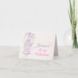 Paarse roze vogelkooi Valentijnsdag naamkaart Feestdagen Kaart