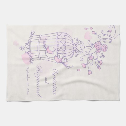 Paarse roze vogels bruiloft keepslag keukenhanddoe theedoek (Horizontaal)