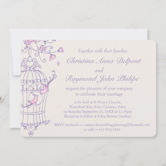 Paarse Roze Vogels Open Kooi Huwelijksuitnodiging Kaart (Achterkant)