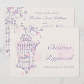 Paarse Roze Vogels Open Kooi Huwelijksuitnodiging Kaart (Voorkant / Achterkant)