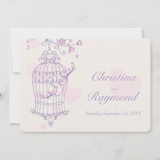 Paarse Roze Vogels Open Kooi Huwelijksuitnodiging Kaart (Voorkant)