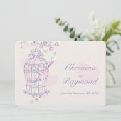 Paarse Roze Vogels Open Kooi Huwelijksuitnodiging Kaart (Staand voorkant)