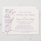 Paarse roze vogels open uitnodiging voor een bruil (Achterkant)