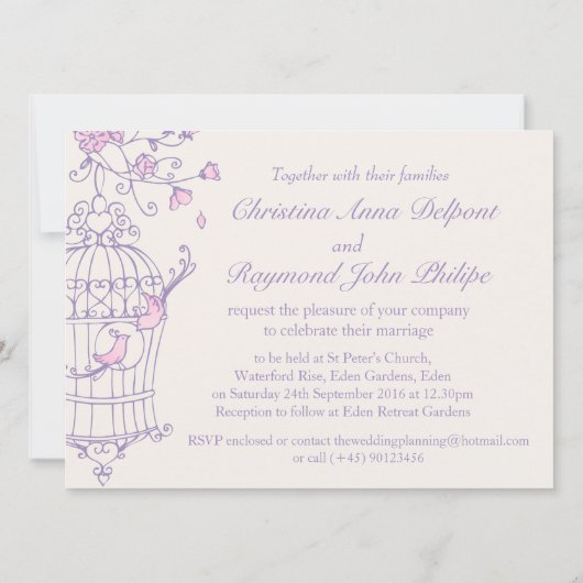 Paarse roze vogels open uitnodiging voor een bruil (Achterkant)