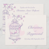 Paarse roze vogels open uitnodiging voor een bruil (Voorkant / Achterkant)