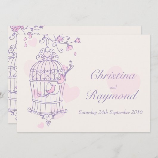 Paarse roze vogels open uitnodiging voor een bruil (Voorkant / Achterkant)