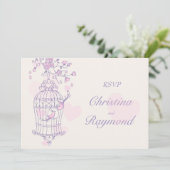 Paarse & roze vogels openen kooi bruiloft RSVP Kaart (Staand voorkant)
