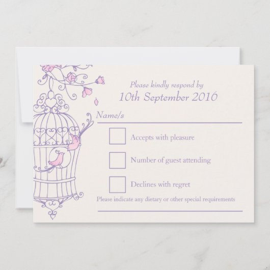Paarse & roze vogels openen trouw-RSVP Kaart (Achterkant)