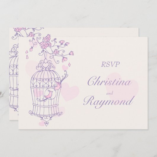 Paarse & roze vogels openen trouw-RSVP Kaart (Voorkant / Achterkant)