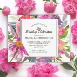 Paarse Roze Waterverf Bloemen 18e Verjaardagsfeest Briefkaart
