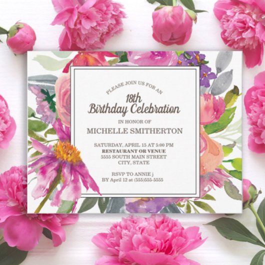 Paarse Roze Waterverf Bloemen 18e Verjaardagsfeest Briefkaart