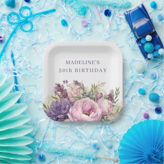  Paarse Roze Waterverf Bloemen 50ste Verjaardag Papieren Bordje (Feest)