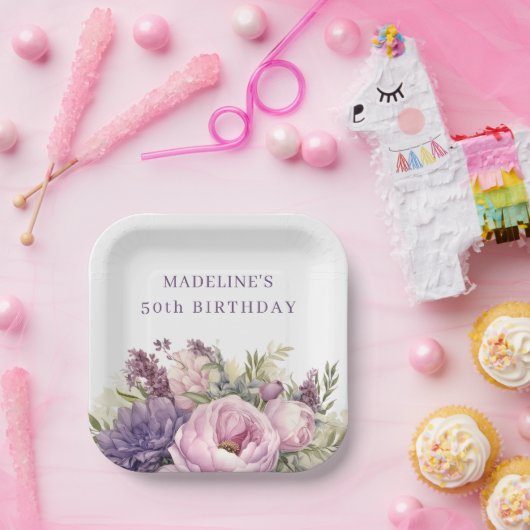  Paarse Roze Waterverf Bloemen 50ste Verjaardag Papieren Bordje (Feest)