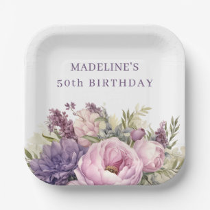  Paarse Roze Waterverf Bloemen 50ste Verjaardag Papieren Bordje