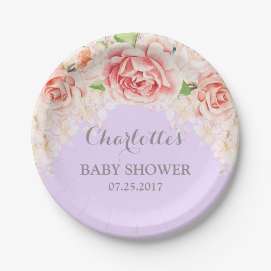 Paarse Roze Waterverf Bloemen Baby shower Bord (Voorkant)
