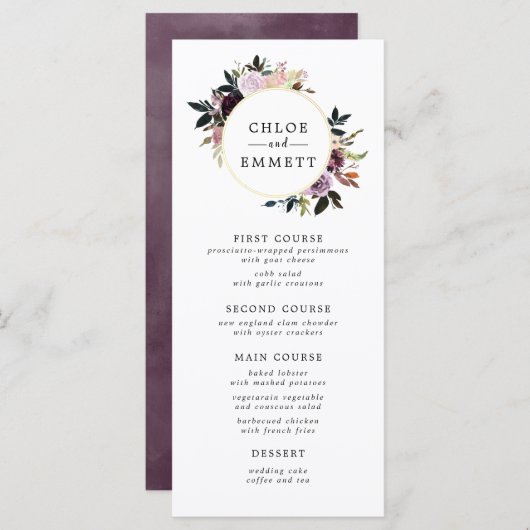 Paarse roze Waterverf bloemenbruiloft Menu (Voorkant / Achterkant)