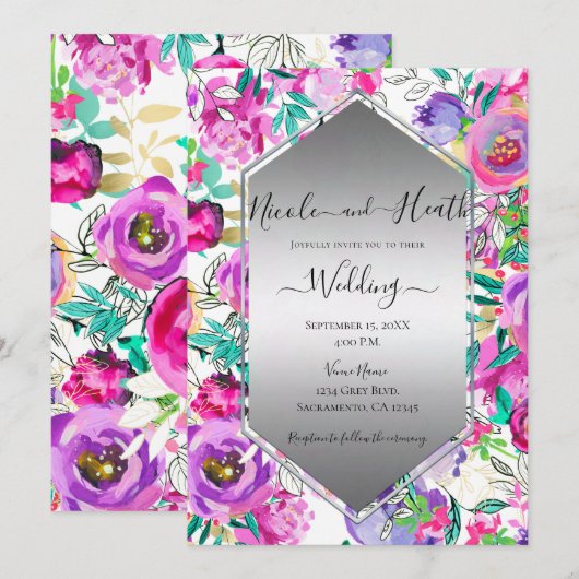 Paarse roze Waterverf bruiloft Kaart (Voorkant / Achterkant)