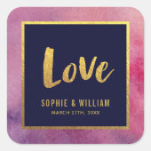 Paarse Roze Waterverf en Faux Gold Love Bruiloft Vierkante Sticker (Voorkant)