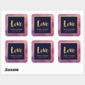 Paarse Roze Waterverf en Faux Gold Love Bruiloft Vierkante Sticker (Vel)