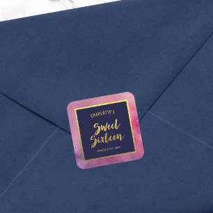 Paarse Roze Waterverf en Faux Gold Sweet Sixteen Vierkante Sticker