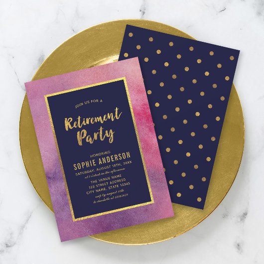 Paarse roze Waterverf Faux Gold Retirement Party Kaart
