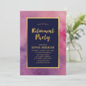Paarse roze Waterverf Faux Gold Retirement Party Kaart (Staand voorkant)