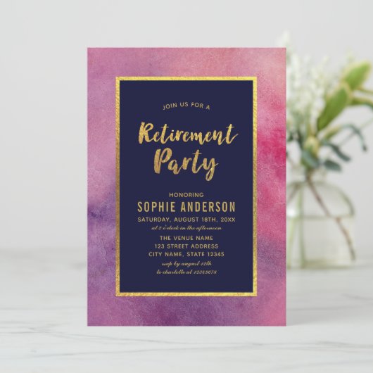 Paarse roze Waterverf Faux Gold Retirement Party Kaart (Staand voorkant)