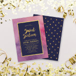 Paarse roze Waterverf & Faux Gold Sweet Sixteen Kaart<br><div class="desc">Deze elegante Sweet 16-uitnodiging heeft een paarse roze waterverf, de woorden "Sweet Sixteen" en een rand, zowel in de faux gouden folie als in een donkerblauw centrum. Uitnodiging heeft een faux gouden folie polka puntpatroon tegen een donkerblauwe achtergrond. C personaliseer deze uitnodiging door de placeholder tekst in de sjabloon te...</div>