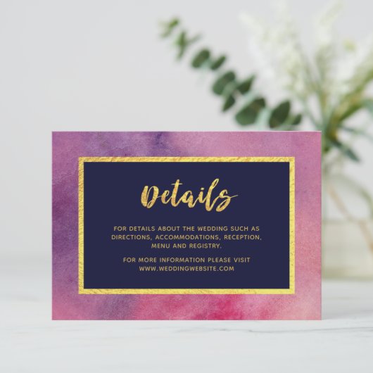 Paarse roze Waterverf Faux Gold Weddenschap - Gege Informatiekaartje (Staand voorkant)