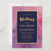 Paarse Roze Waterverf & Faux Gold Wedding Kaart (Voorkant)