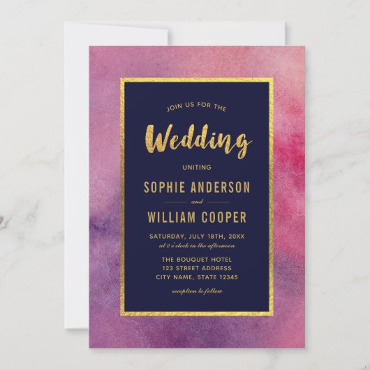 Paarse Roze Waterverf & Faux Gold Wedding Kaart (Voorkant)
