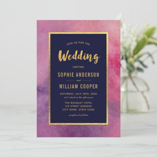 Paarse Roze Waterverf & Faux Gold Wedding Kaart (Staand voorkant)