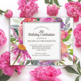 Paarse roze Waterverf Floral 21e verjaardag Briefkaart