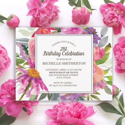 Paarse roze Waterverf Floral 21e verjaardag Briefkaart