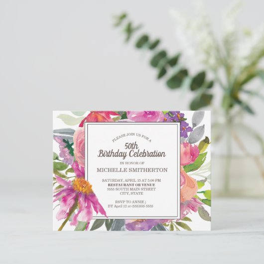 Paarse roze Waterverf Floral 50e verjaardag Briefkaart (Staand voorkant)