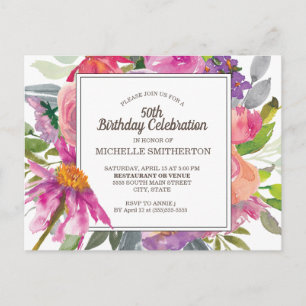 Paarse roze Waterverf Floral 50e verjaardag Briefkaart