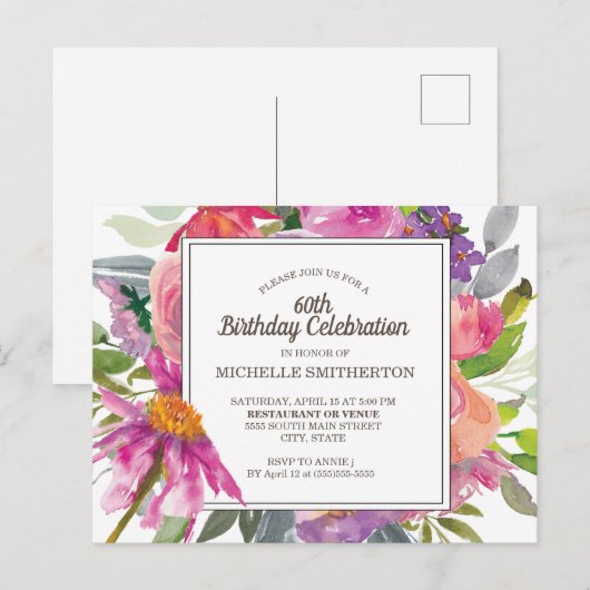 Paarse roze Waterverf Floral 60e verjaardag Briefkaart (Voorkant / Achterkant)