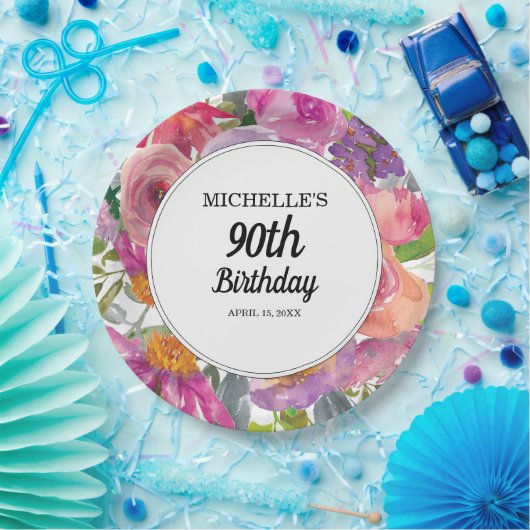Paarse roze Waterverf Floral 90e verjaardag Papieren Bordje (Feest)