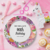 Paarse roze Waterverf Floral 90e verjaardag Papieren Bordje (Feest)