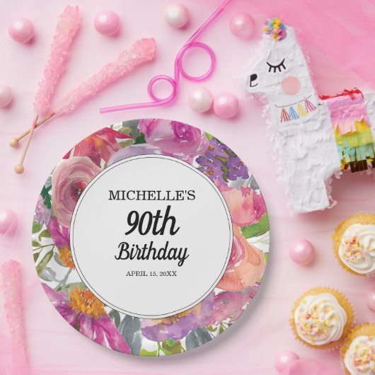 Paarse roze Waterverf Floral 90e verjaardag Papieren Bordje (Feest)