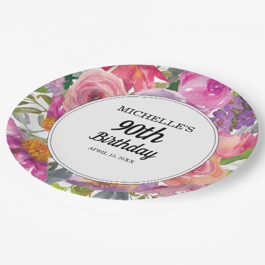 Paarse roze Waterverf Floral 90e verjaardag Papieren Bordje (Gekanteld)
