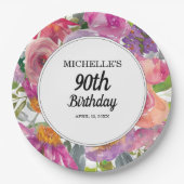 Paarse roze Waterverf Floral 90e verjaardag Papieren Bordje (Voorkant)