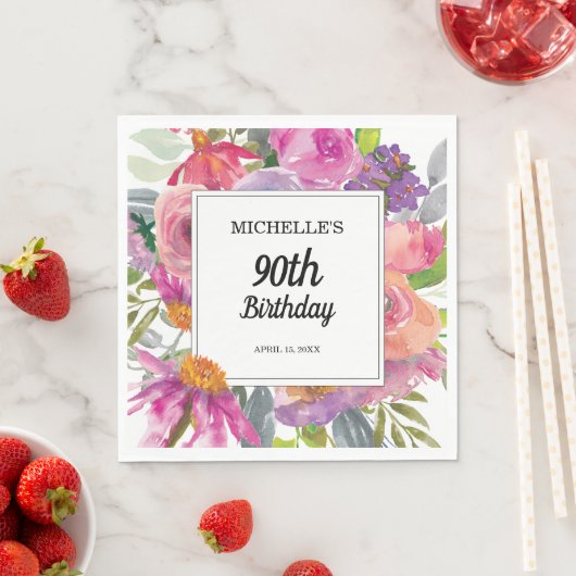Paarse roze Waterverf Floral 90e verjaardag Servet (Insitu)