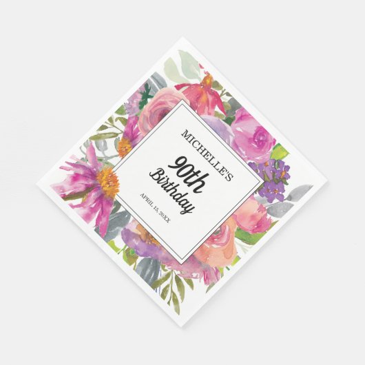 Paarse roze Waterverf Floral 90e verjaardag Servet (Hoek)