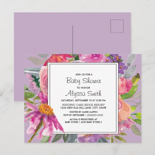 Paarse roze Waterverf Floral Baby shower Briefkaart (Voorkant / Achterkant)